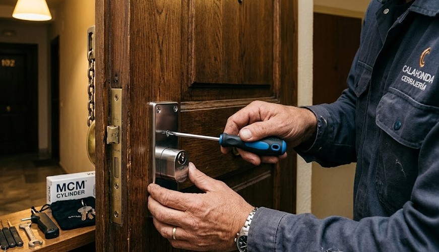 Instalación de cilindro de alta seguridad en puerta por cerrajero profesional
